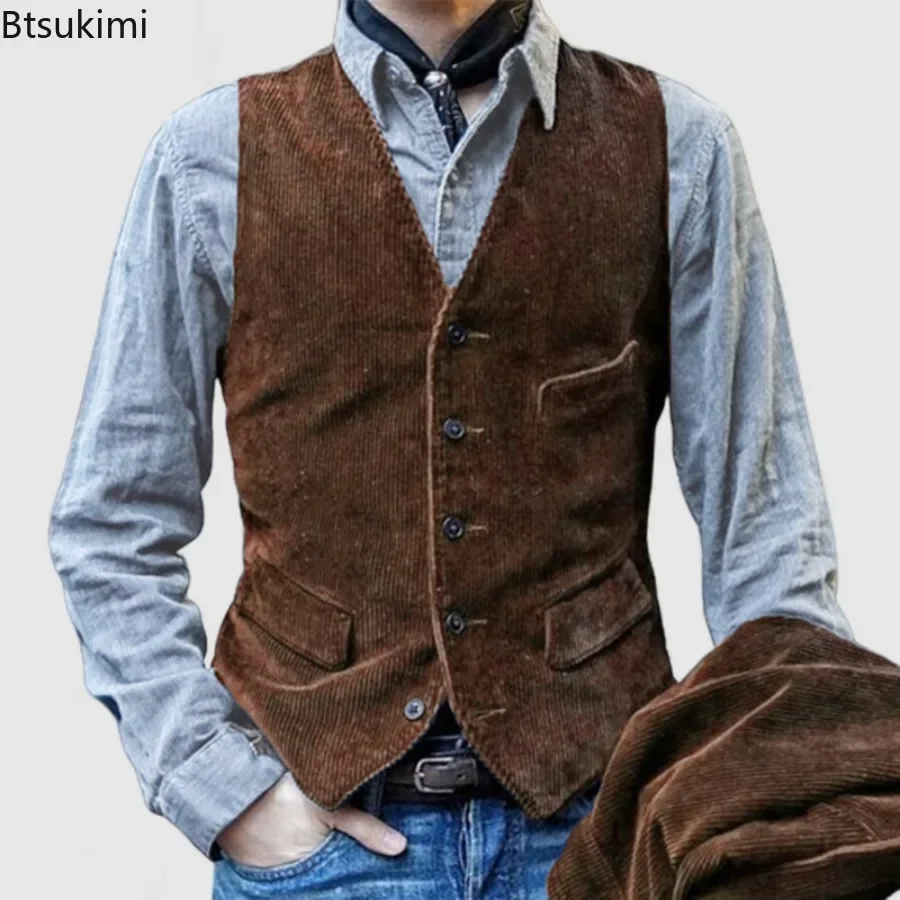 

Men's Vintage Vests British Style Corduroy Vest Casual Coats Fashion Single-breasted Sleeveless Jacket for Man Formal Waistcoat