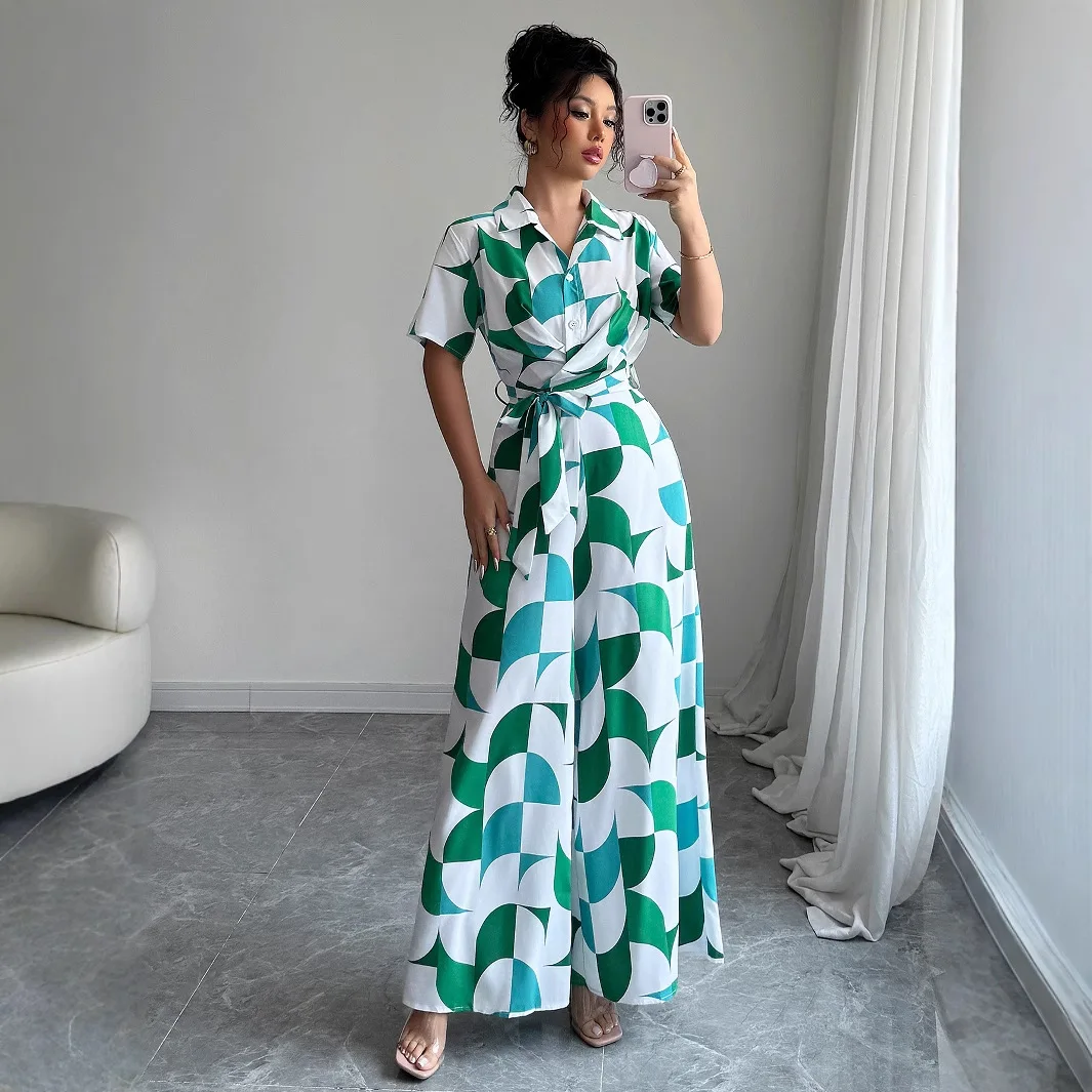 

Elegant Style Printed Short-sleeved Wide-leg Jumpsuit Women's Clothing 2026 Summer Bandage Outfits Vestidos Sexy