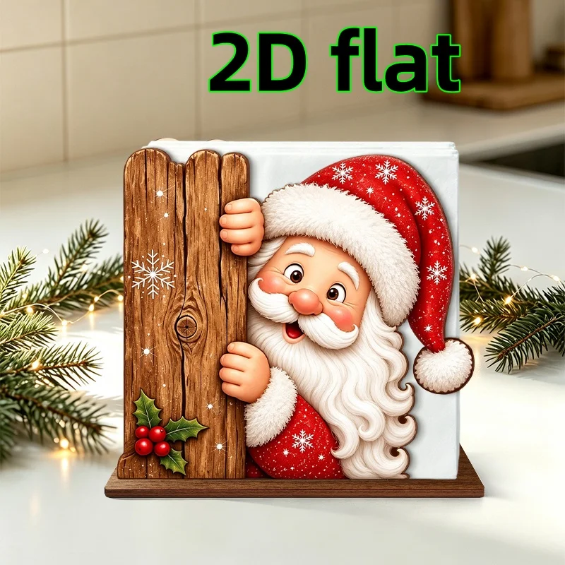 2/1 Piece of Wooden 2D Flat Napkin Holder with a Peeking Santa Claus Design, Featuring Cute Hidden Santa Claus with Snowflakes and Holly Berries, Paper Towel Box for Home Kitchen Tabletop Napkin Storage, Christmas Party Table Centerpiece Decoration