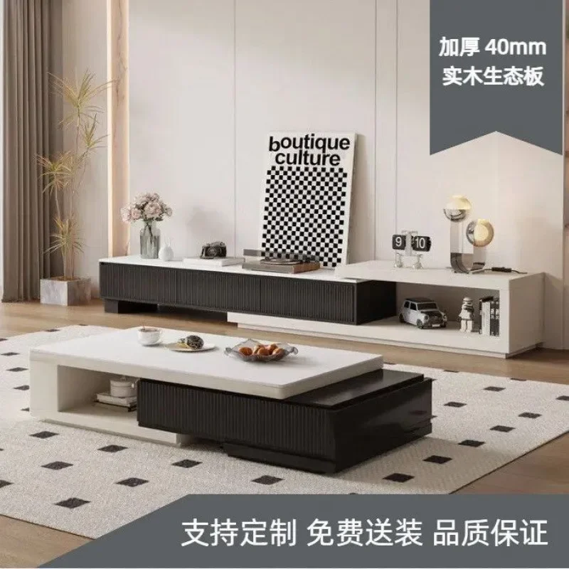 Nordic Minimalist Black White Coffee Table TV Cabinet Modern Retractable Rock Panel Combination for Living Room Home