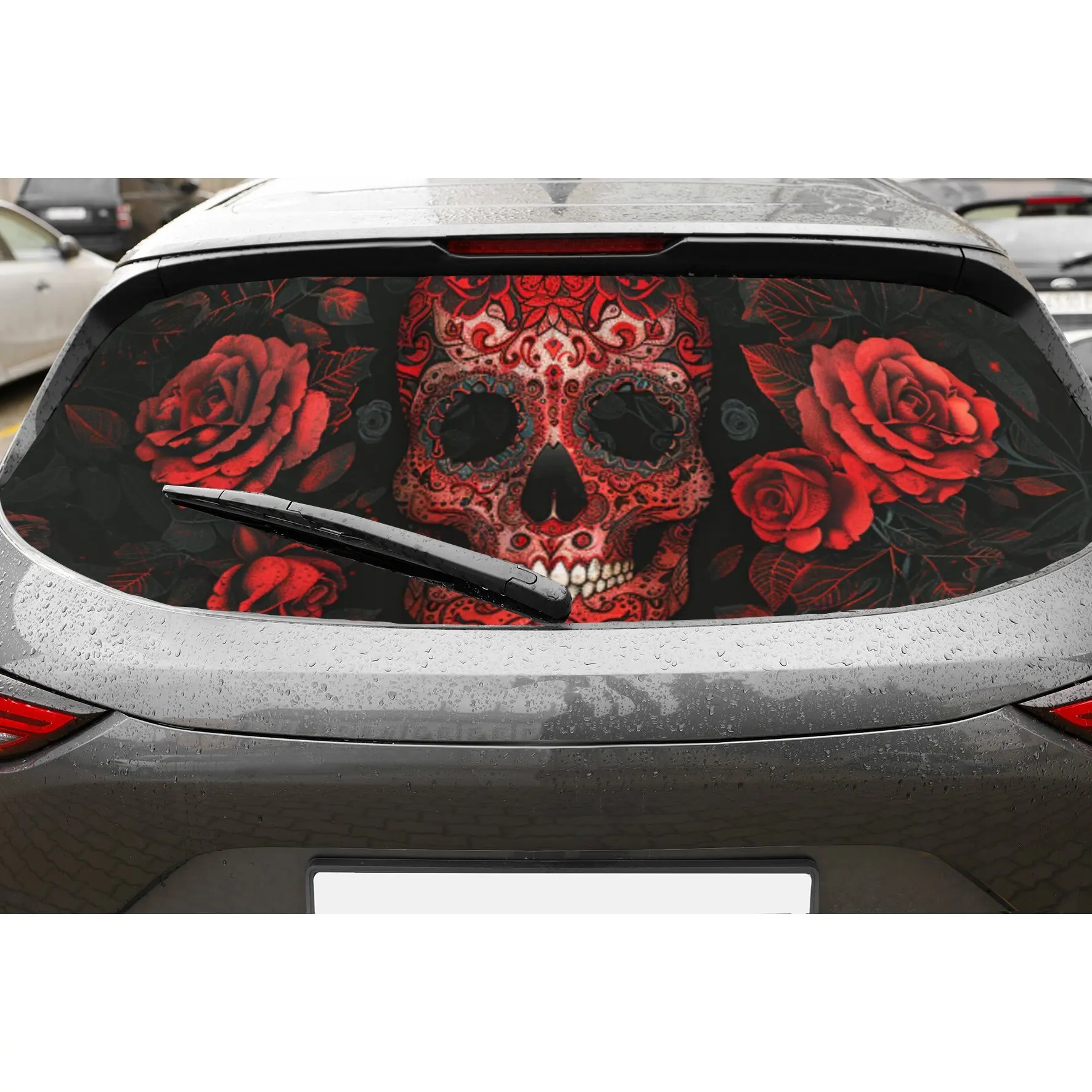 

Dark Rose and Sugar Skull PVC Perforated Car Vinyl Wraps, Privacy Enhancing Design for Rear Window, Car Rear Windshield Sticker