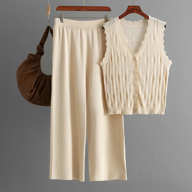 

Summer Casual Knitted 2 Piece Sets Women V-neck Sleeveless Knitwears Vest Tops Conjuntos Korean High Waist Straight Pants Outfit