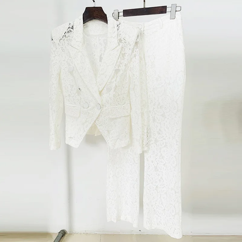 Ensemble Blazer et Pantalon en Dentelle Blanche pour Femme, Tenue de Bureau Formelle, Manteau de Mariage, Bal, 2 Pièces