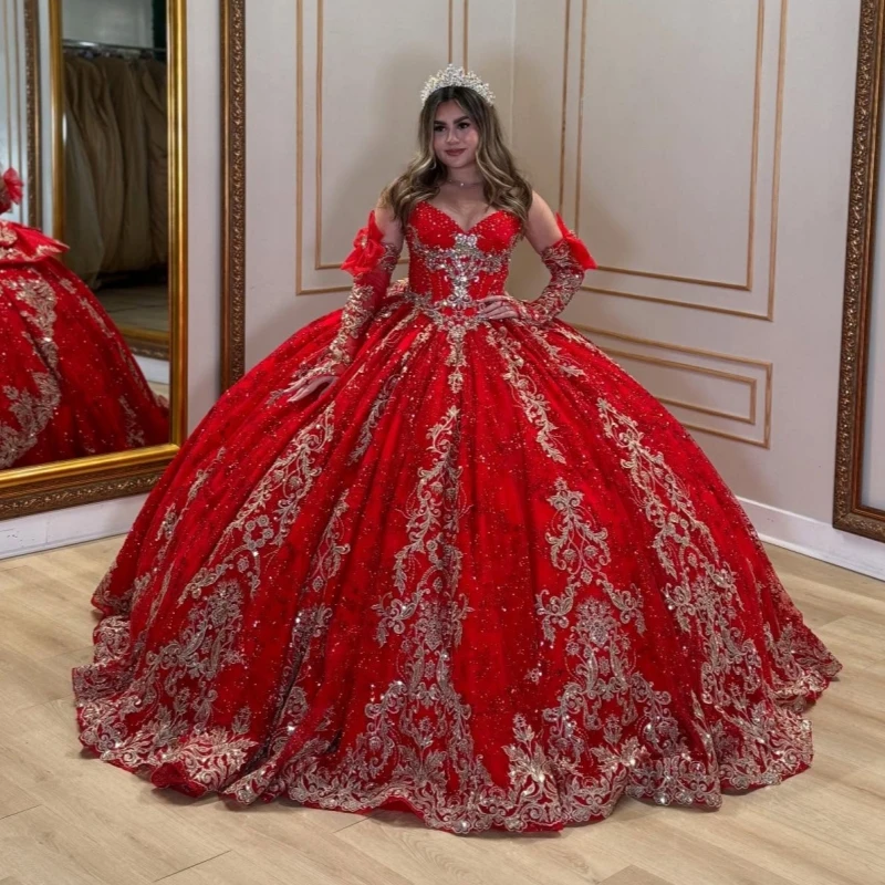 

Красное блестящее платье принцессы с открытыми плечами Sweet 16, платья Quinceanera, аппликация с блестками, кружевные бусины, тюлевые платья для вечеринки, дня рождения, Vestidos