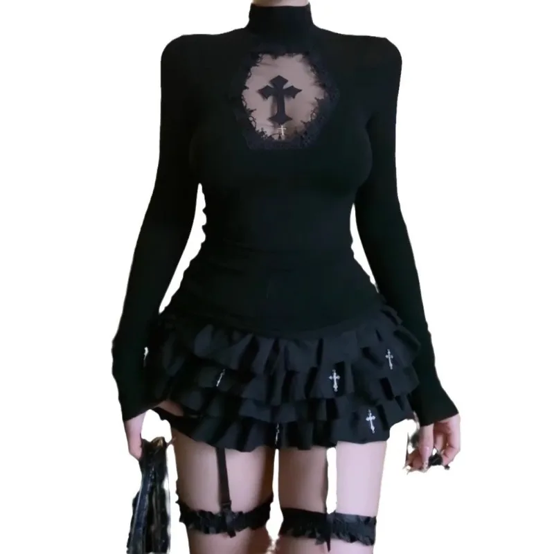 Camisa básica picante para niña, Top de calle Retro con cuello alto ligeramente transparente y Cruz gótica oscura para mujer