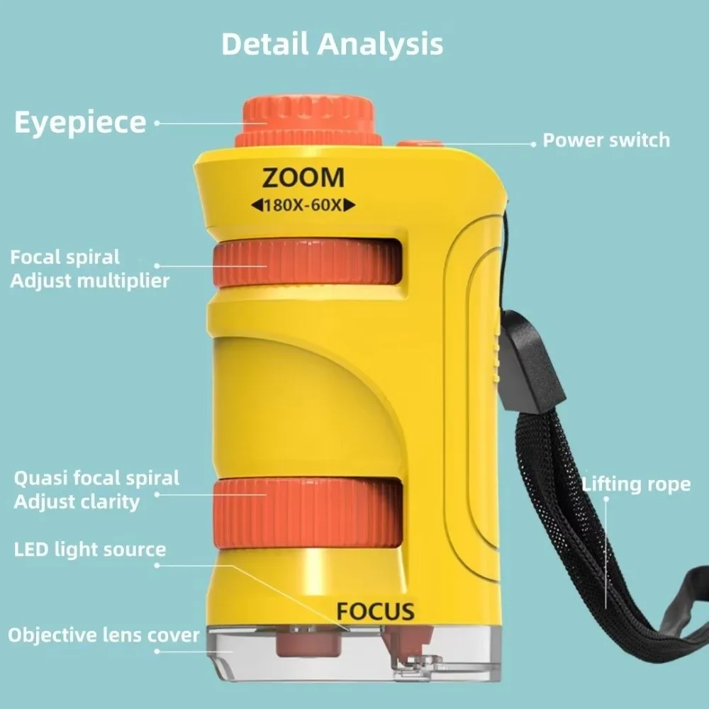 Kids Science Toy Portable Microscope Zoom 60x-180x with LED Light Mini Handheld Microscope Handheld Little Scientist Microscope