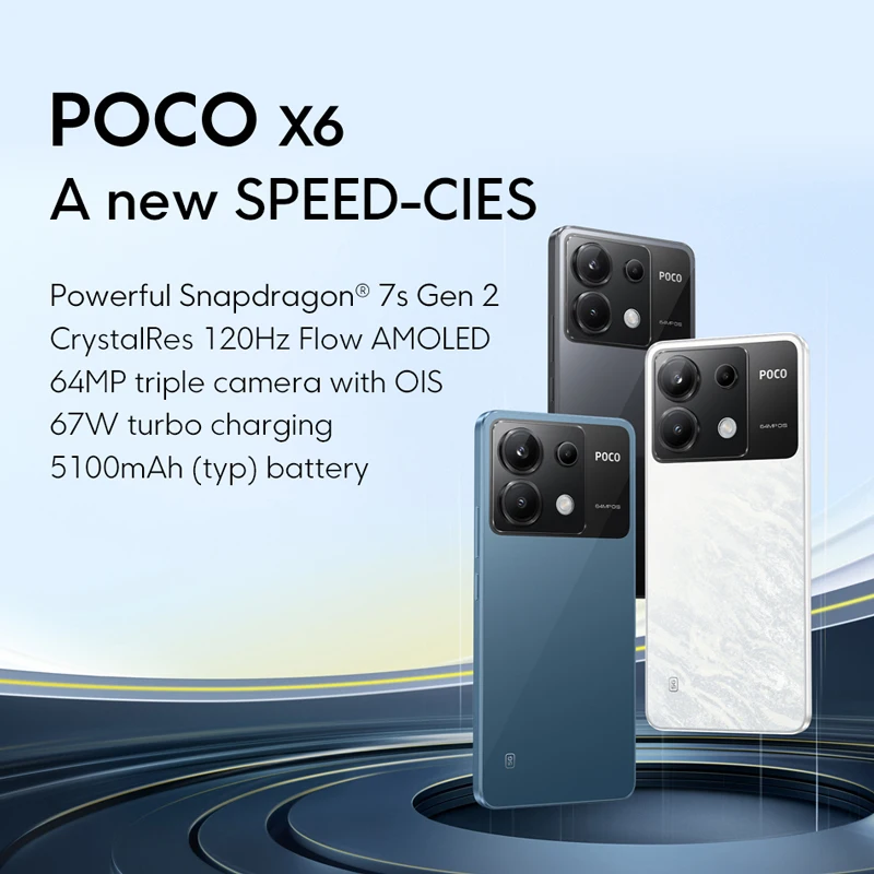 Global Version POCO X6 5G Smartphone 1.5K 120Hz AMOLED 64MP Main Camera 5100mAh 67W Turbo Charging Snapdragon 7s Gen 2 MIUI 14