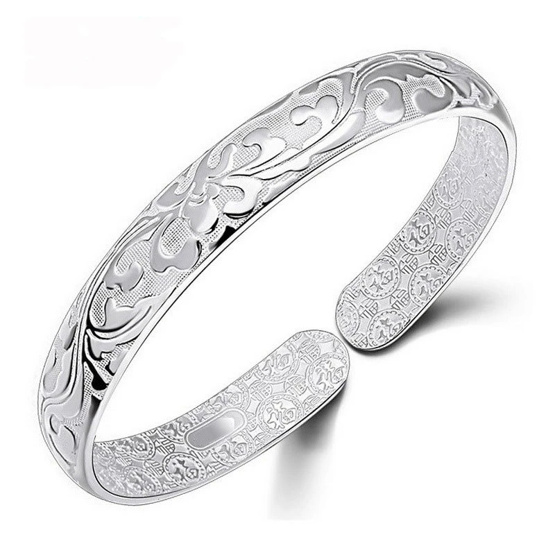 925 Sterling Silver Decorative Pattern Cuff Bangles Bracelets For Women Wedding Luxury Designer Jewelry Argent 925
