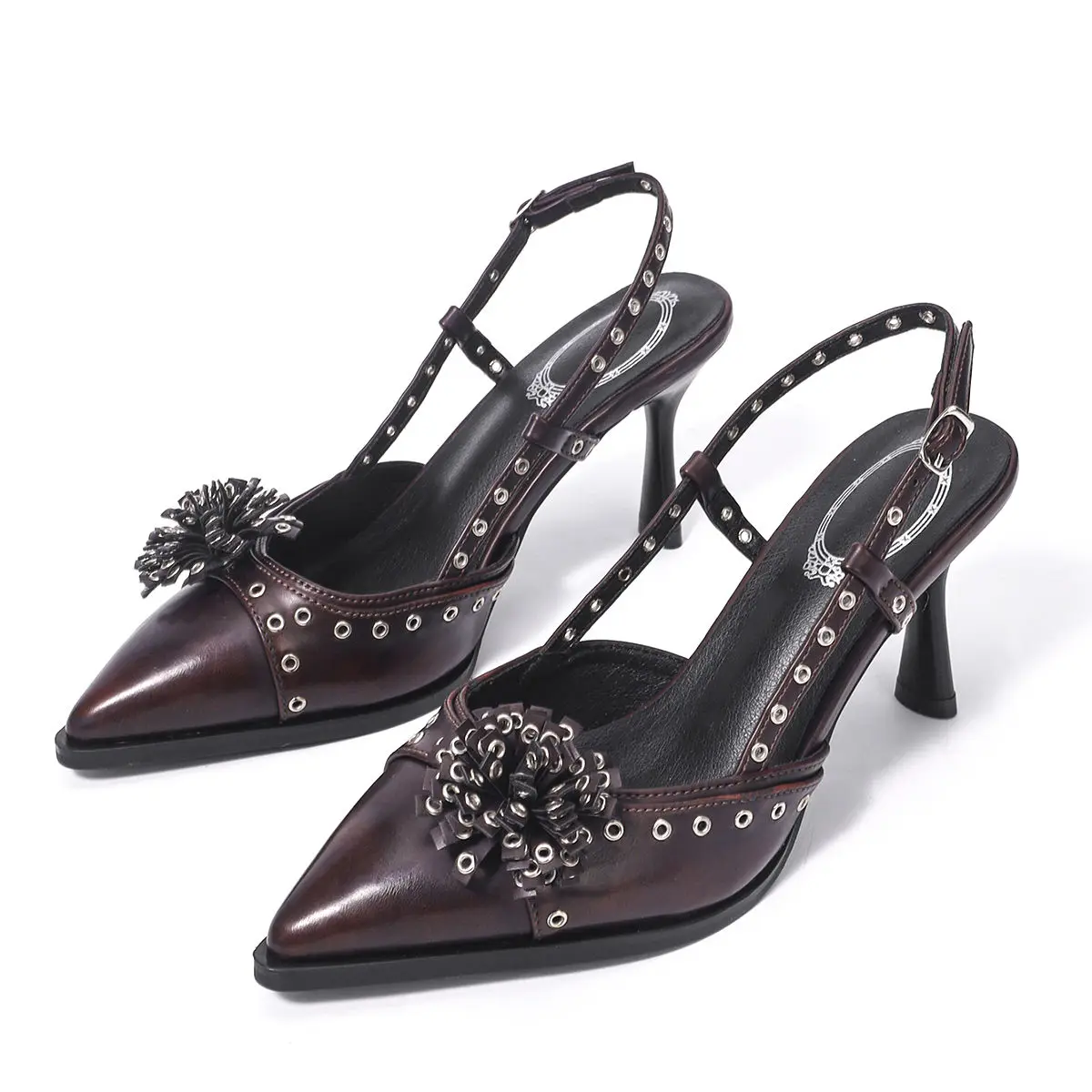 

2025 Elegant Women's Shoes Summer Flowers Rivet Pointed Toe High Heels for Ladies Fashion Shallow Western Pumps High Quality