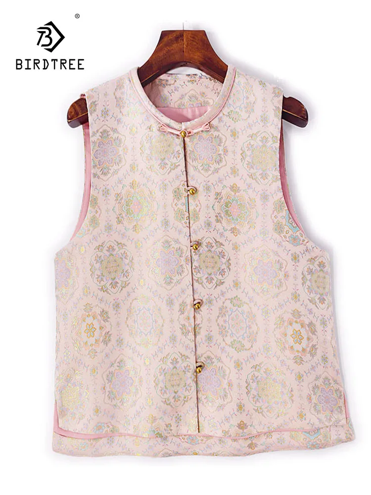 

Элегантный жилет BirdTree-50 мм из парчи шелковой песни, женский жаккардовый жилет без рукавов с круглым вырезом, свободное пальто в стиле ретро, осень 2023 г. T58560CC