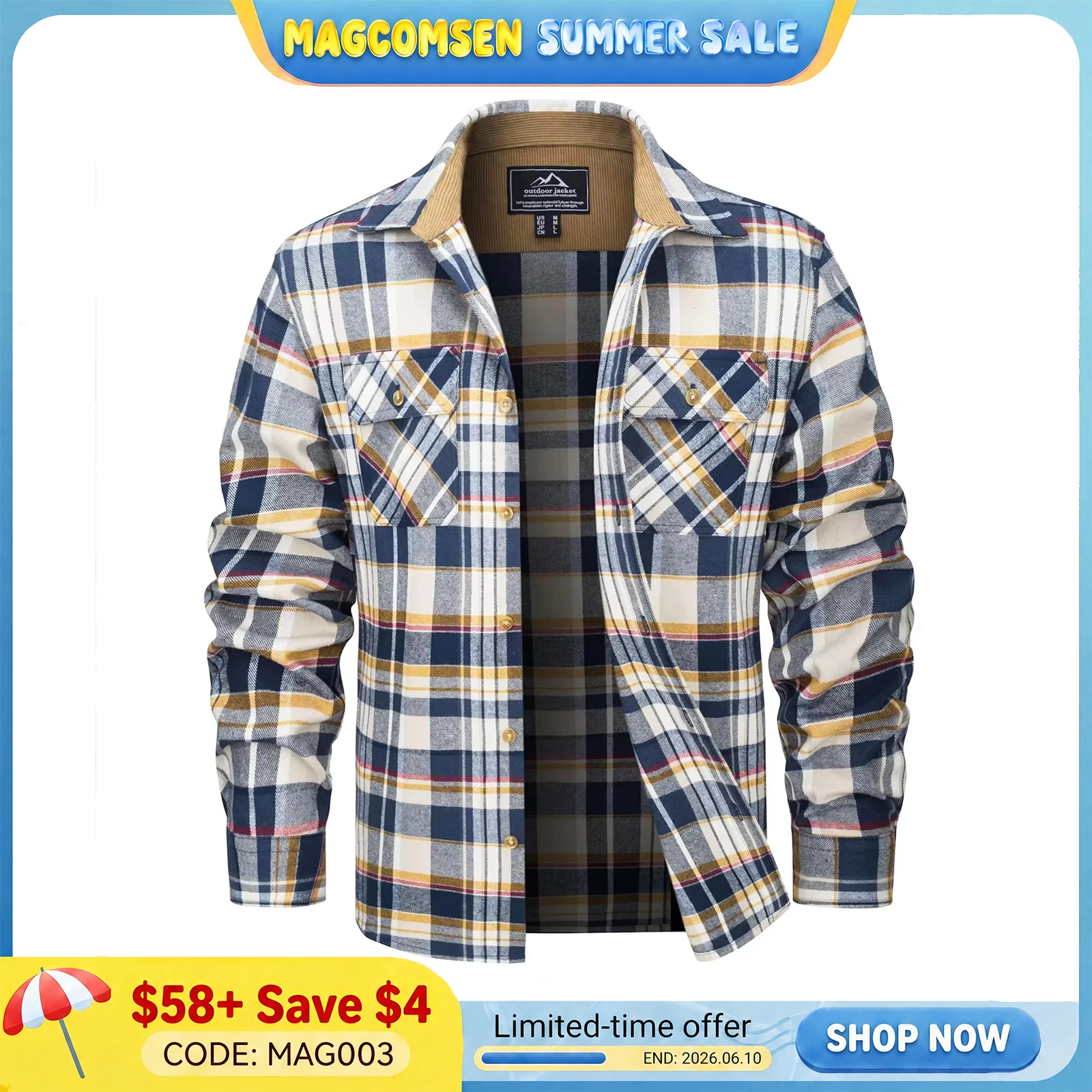 MAGCOMSEN Flannel Shirts Men's Long Sleeves Cotton Long Sleeve Plaid Shirt with 2 Pockets Button Down Casual Corduroy Shirt Male