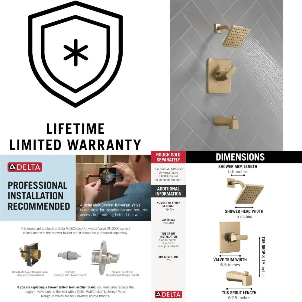 

Square Bathtub and Shower Faucet Set with Brushed Gold Finish and Trim Kit, Champagne Bronze