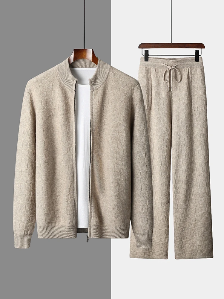 Uomo 100% maglione di cashmere vestito a scacchiera collo a lupetto cardigan pantaloni casual di lusso spesso caldo maglieria autunno inverno giacca cappotto