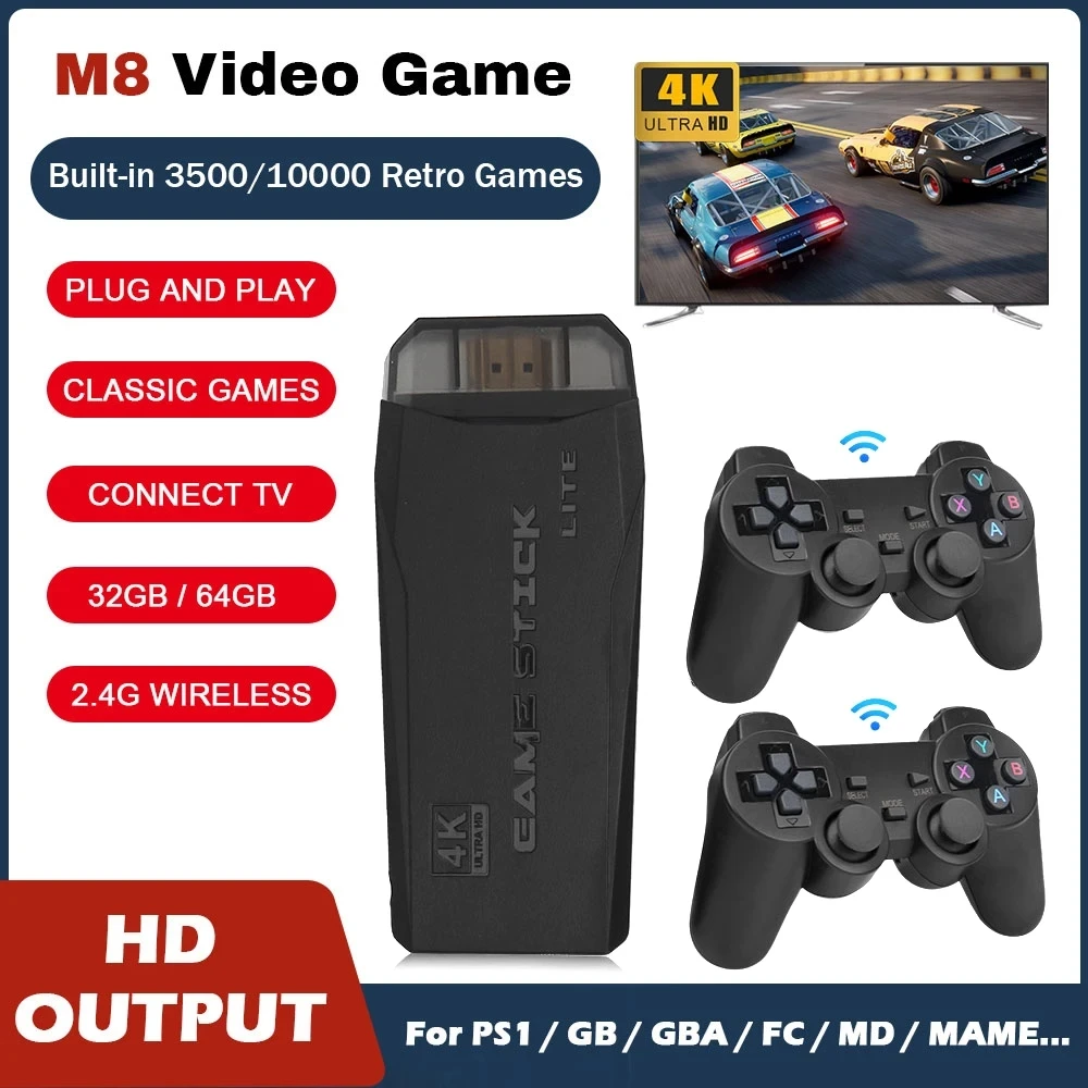 Video Game Stick Lite 4K HD TV Gaming Sticks M8 Handheld Console 64GB Dual Wireless Controller 20000 Retro Games for Kids Gift