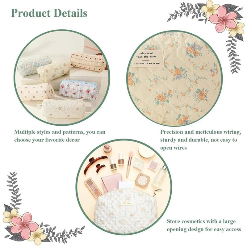 

Makeup Cosmetic Bag Cosmetic Bag 3 Pcs Cotton Quilted Makeup Bag Aesthetic Floral Toiletry Bag For Women H