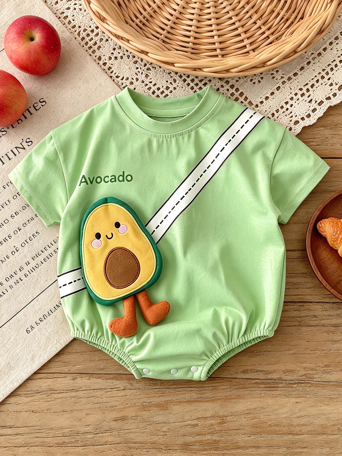 Avocado-Print Baby Girl Rompers for Spring and Summer with 3D Embellishments—Cute Outfits for Babies Aged 0–1 Years