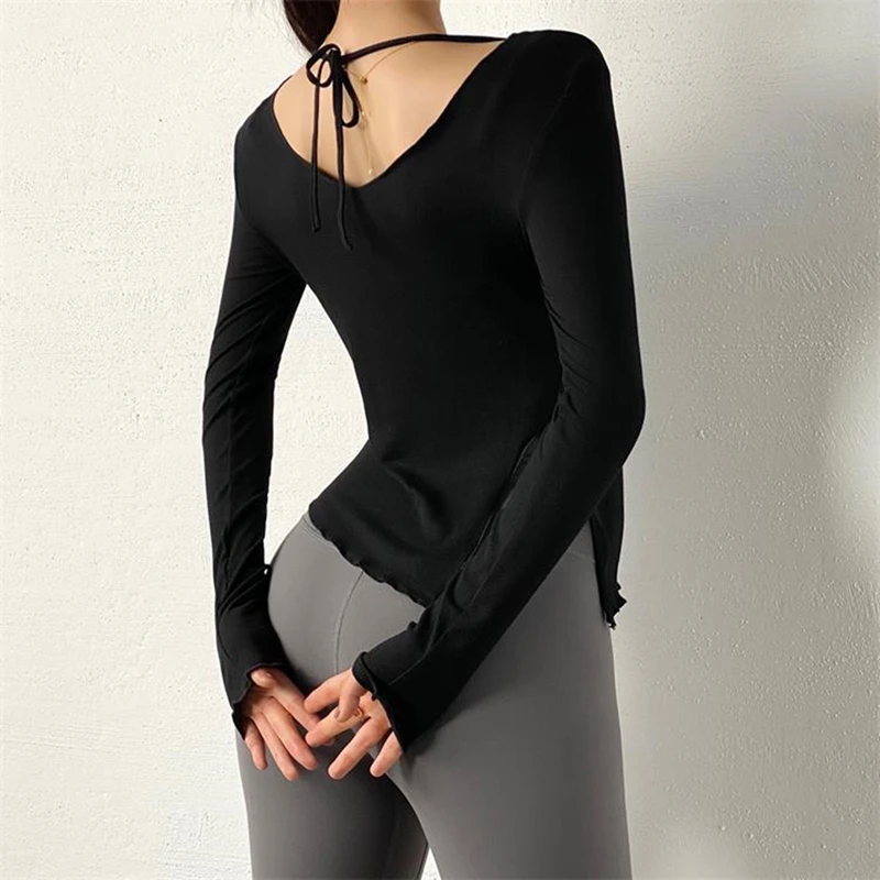 

Autumn Women Yoga Shirts Long Sleeve Sport T-Shirt Slim Elastic Running Sweatshirts Forked Diagonal Hem Gym Fitness Tops Blouse