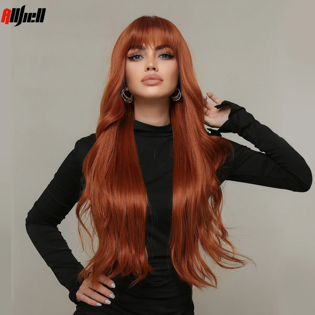 Long Natural Wave Orange Synthetic Wigs With Full Bangs for Black Women Daily Halloween Cosplay Wigs Hair Heat Resistant Fiber