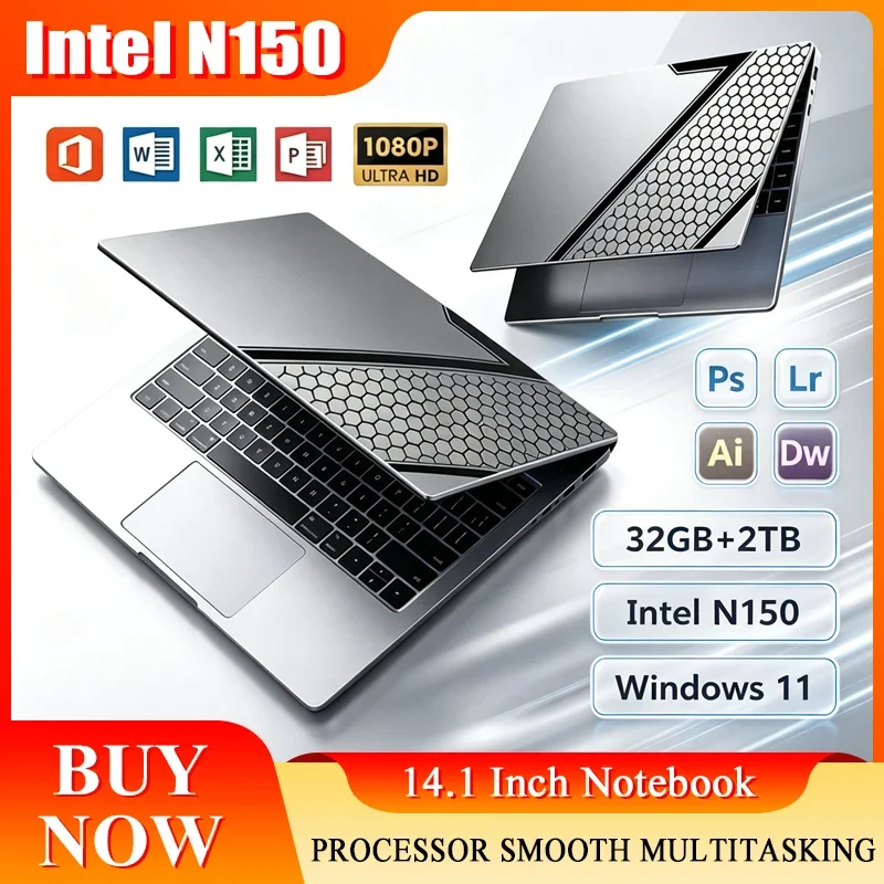 New 14.1'' Laptop Intel Core N150 32GB 2TB Gaming PC Ultra Slim Office Study Computer PC Windows 11 Pro 1920*1080 HD