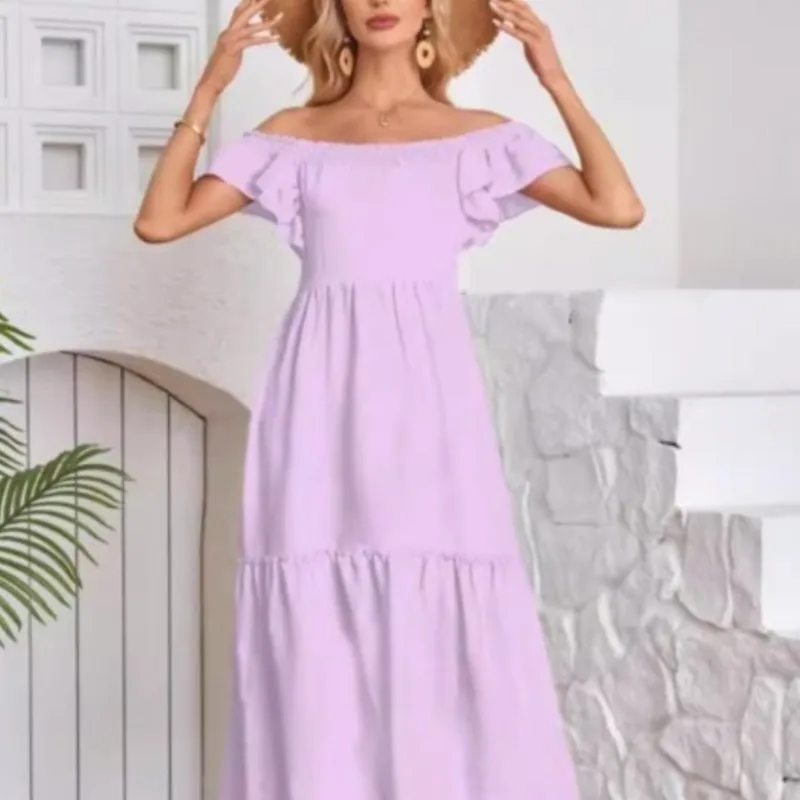 Feminino decote em u pétala mangas cor sólida cintura alta saia longa elegante em camadas plissado vestido evasê vestido casual