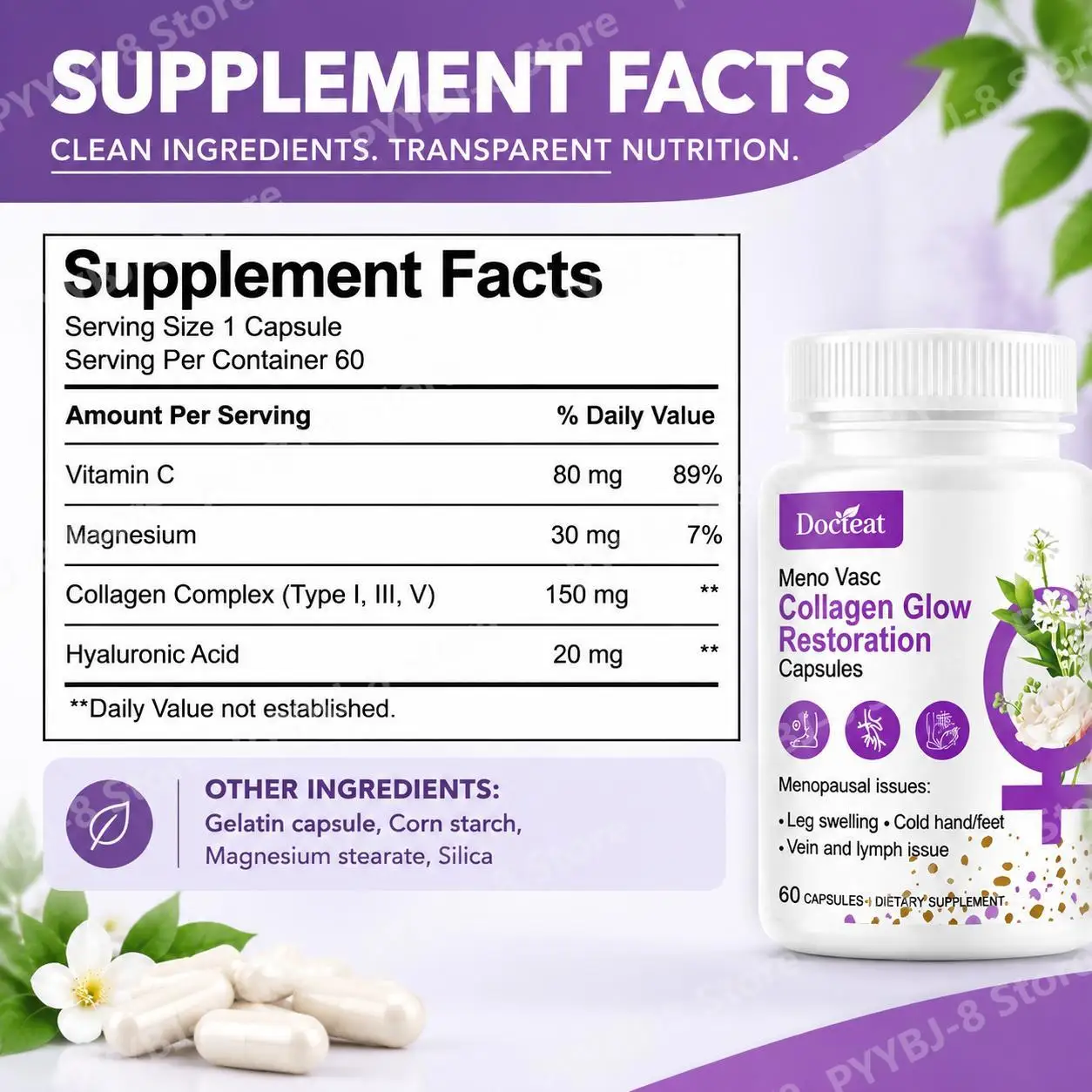 Collagen Glow Restoration Capsules, Boost Metabolism & Support Calorie Balance, Collagen Complex Hyaluronic Acid Magnesium 60Ct