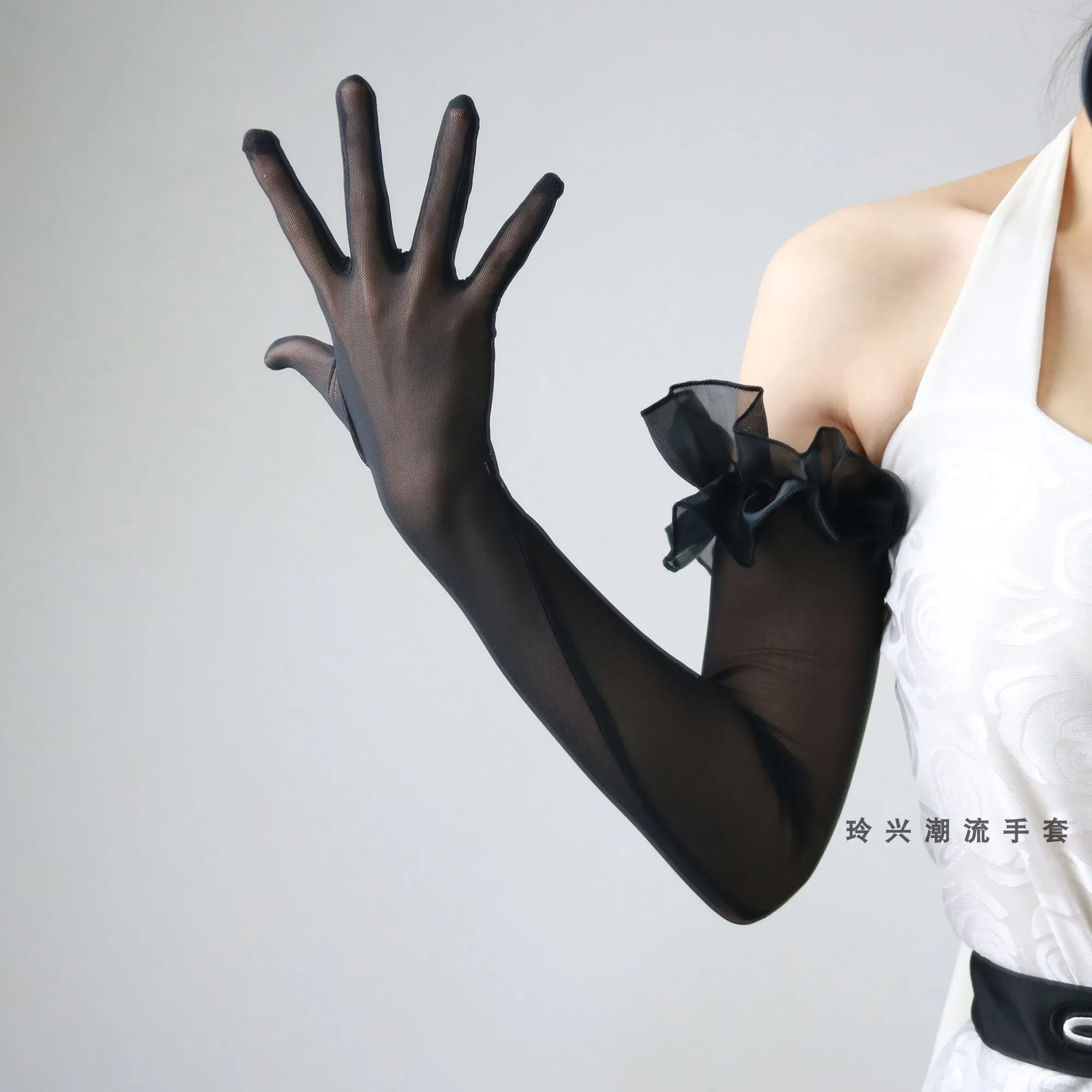 55cm lange Mesh-Handschuhe, sexy Spitzenmanschetten, perlenbesetzt, schwarz, transparent, dünn, für Hochzeiten, Latein, Damen, Sonnenschutz-Ärmel, Sommerhandschuhe, elegant – Detail 33