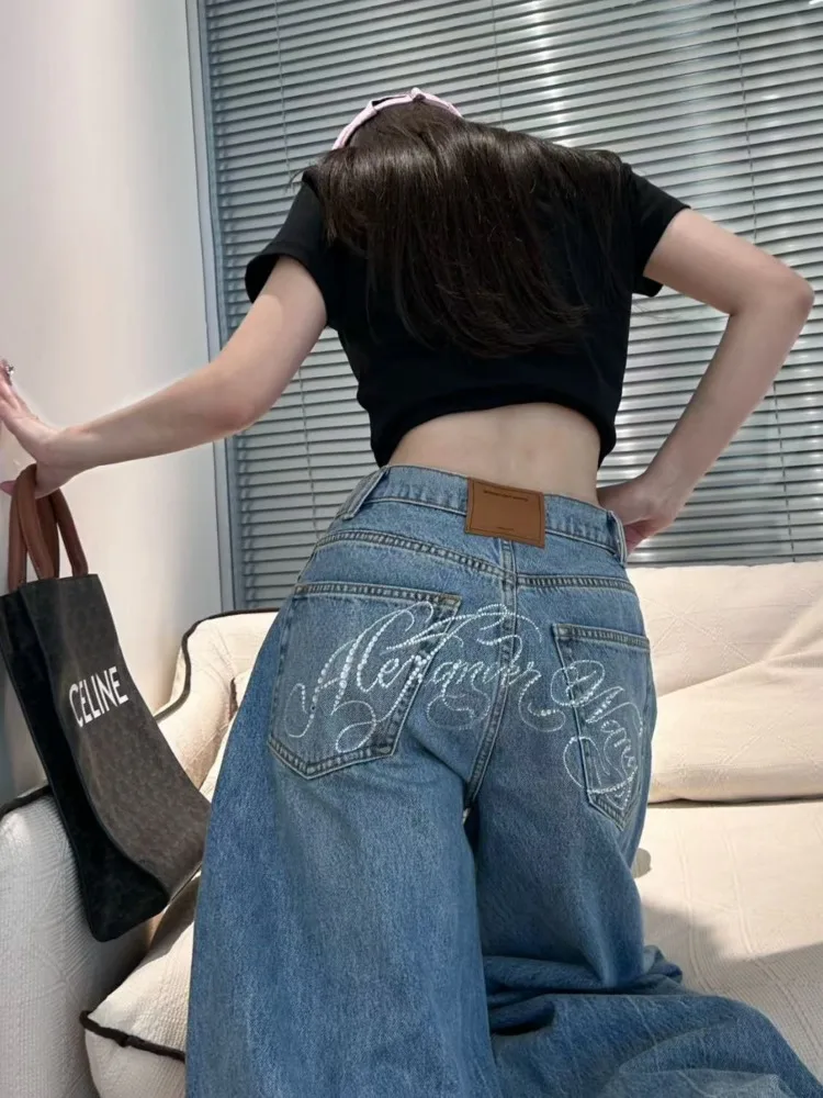 Vaqueros de pierna ancha de cintura alta para mujer, pantalones vaqueros holgados hasta el suelo con incrustaciones de diamantes, corte recto, corte Bootcut, primavera y verano