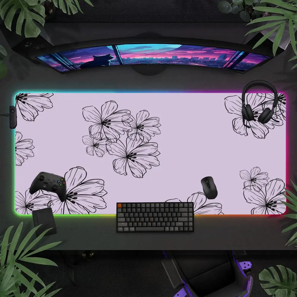 

Floral Art Mouse Pad Large RGB Gaming Mousepads LED Light Locked Edges Game Accessories Table Pads PC Keyboard Mat XXL 90x40cm