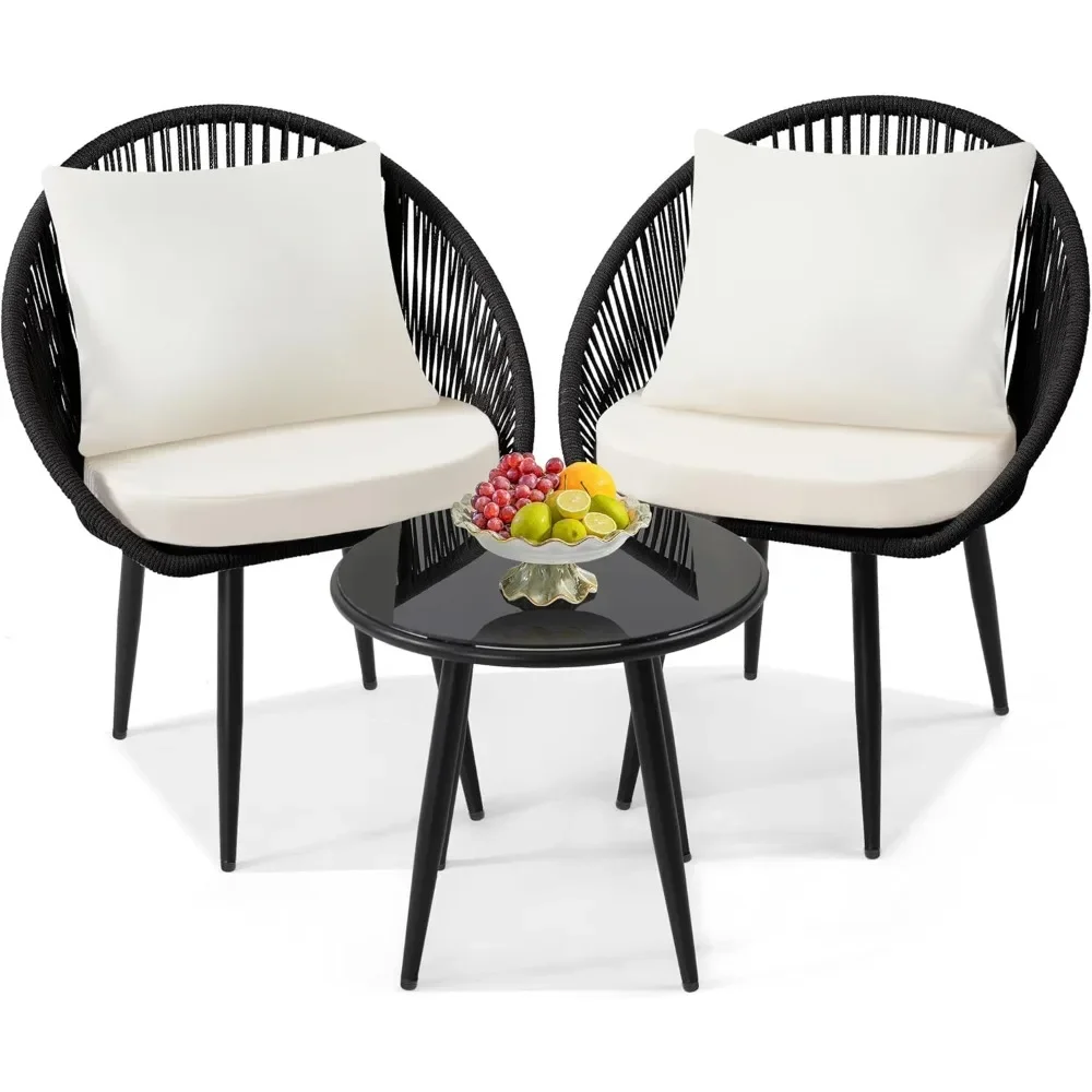 

3 Piece Bistro Set, Woven Rope Chair with Cushions, All Weather Patio Conversation Set with Side Table, Ideal for Deck, Balcony