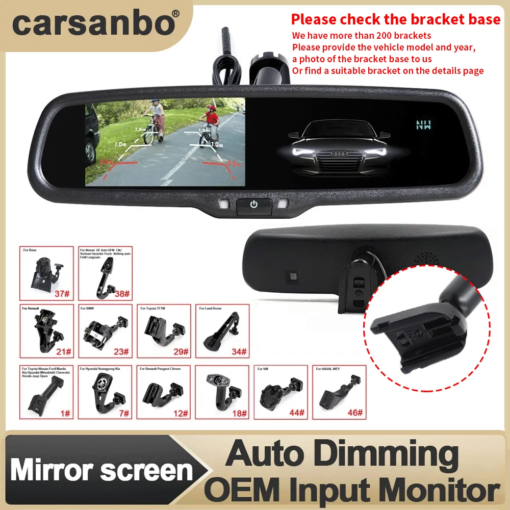 

Carsanbo Car 4.3 Inch Mirror Screen Rear View Mirror HD Screen OEM Input Monitor Auto Dimming Front View Camera TFT LCD Monitor