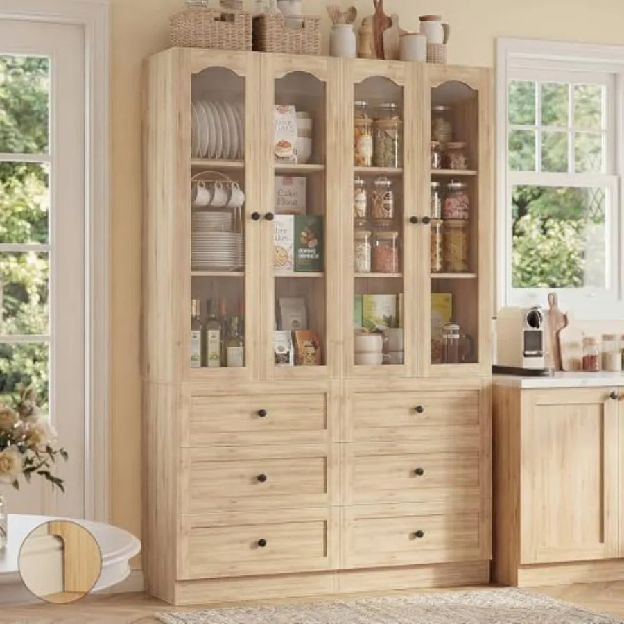 

80" Tall Pantry Cabinet for Kitchen Storage, 2 Set Natural Oak Pantry Cabinet with Glass Doors and 3 Drawers - Freestanding Sto