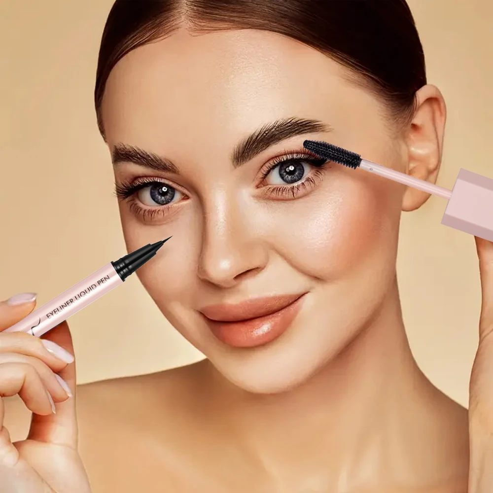 Liquid eyeliner and mascara set, waterproof, no smudge, enlarges eyes, easy for beginners to use, suitable for music festivals,