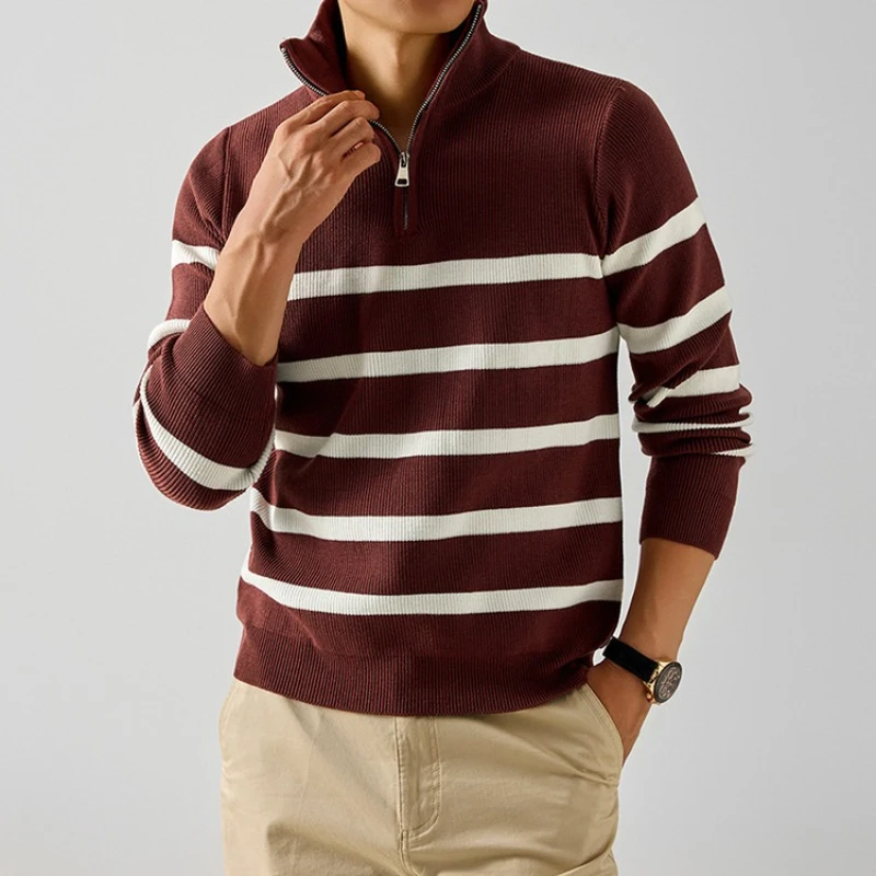 

Men's Half-Zip Ribbed Knit Sweater - Navy Blue & White Stripe Athletic Stripe Design​ Casual Wear Everyday Essential