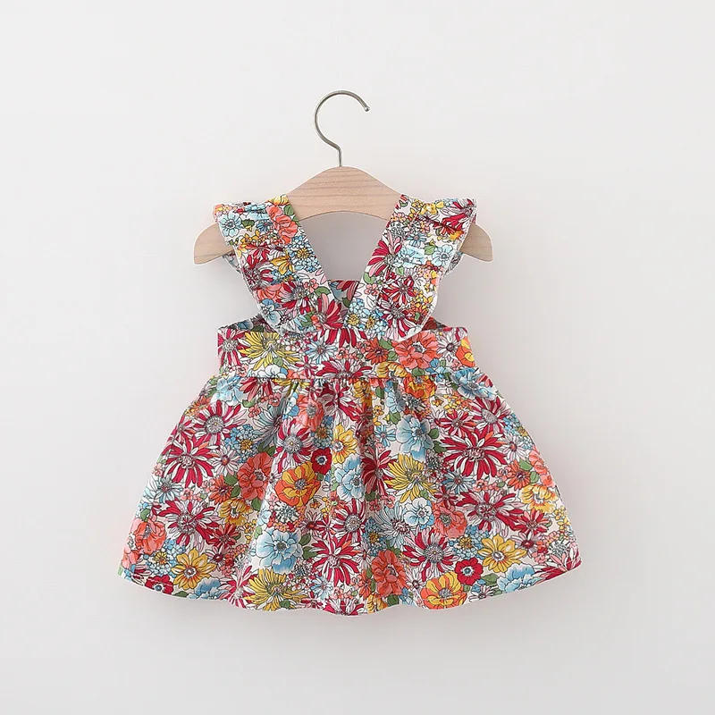 Summer Baby Girl\'s Dress New Vintage Garden Flower Flying Sleeve Dress with Straw Bag