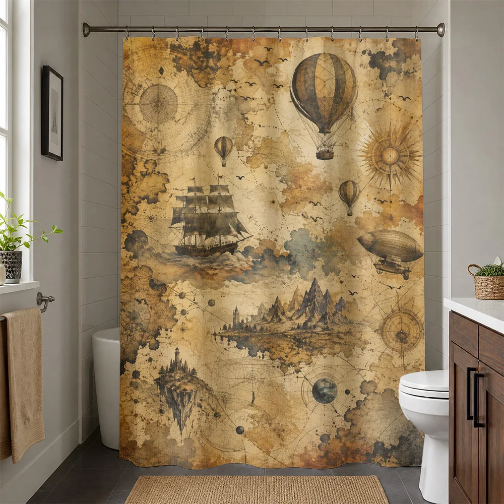 Vintage Steampunk Airship and Celestial Map Shower Curtain Bathroom Decor Nautical Exploration Art
