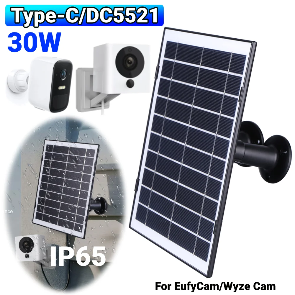 Chargeur solaire 30W Micro USB/USB-C/DC5521, Kit de panneaux solaires, étanche IP65, câble de chargement de 9,8 pieds, Compatible avec EufyCam/Wyze Cam