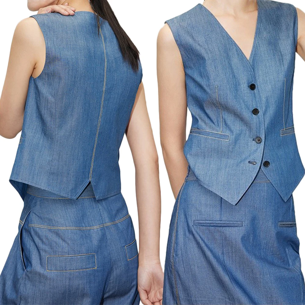 Haut en faux denim à col en V pour femme, glaçure à l'extérieur, chic et précieux, dame de bureau