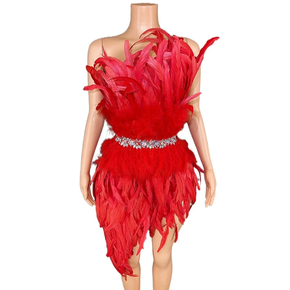 섹시한 파티, 프롬, 생일, 결혼식 축하 드레스, 쇼 무대 의상, 우아한 깃털과 라인스톤 장식의 여성용 원 숄더 숏 드레스