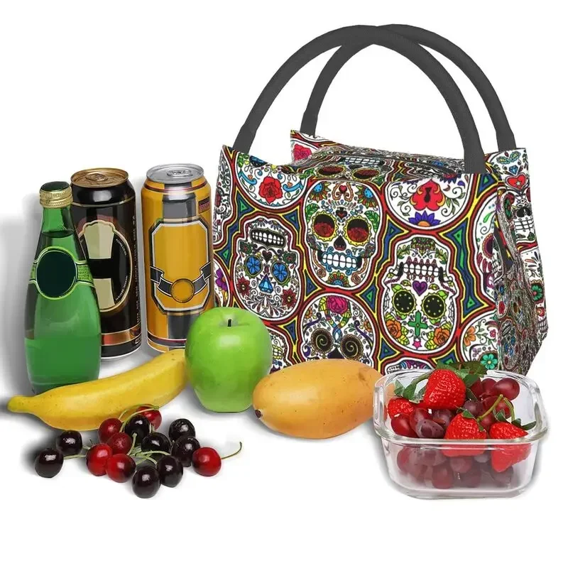 

Sugar Skulls Insulated Lunch Bag for Women Resuable Day Of The Dead Thermal Cooler Bento Box Office Picnic Travel