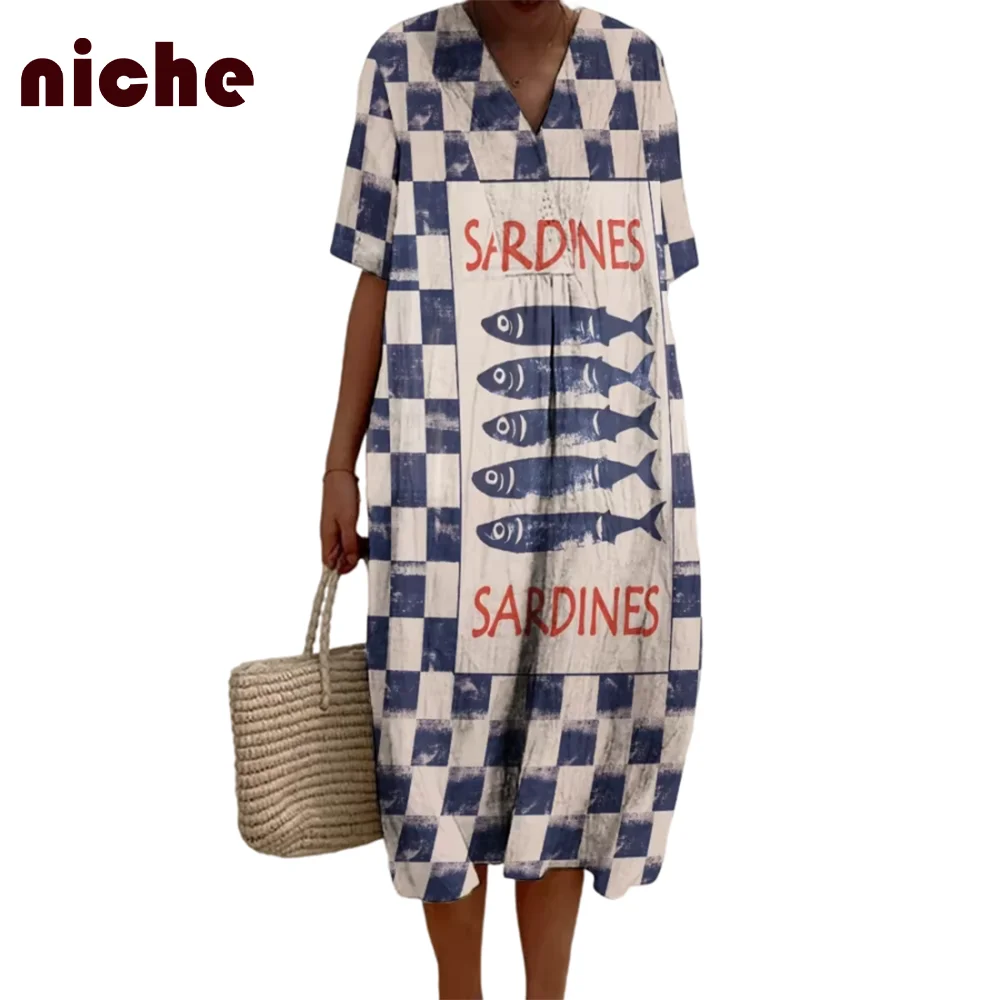 Chic Sardines Plaid Graphic Printing Women's Dress Loose And Comfortable Soft Bamboo Hemp Fabric New Beach Skirt