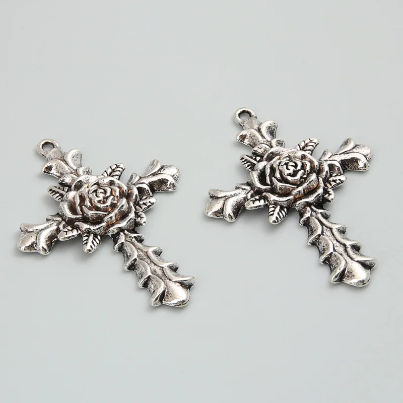 4pcs Silver Color 56x40mm Gothic Rose Flower Cross Charms Religious Pendant For DIY Handmade Metal Jewelry Making Accessories