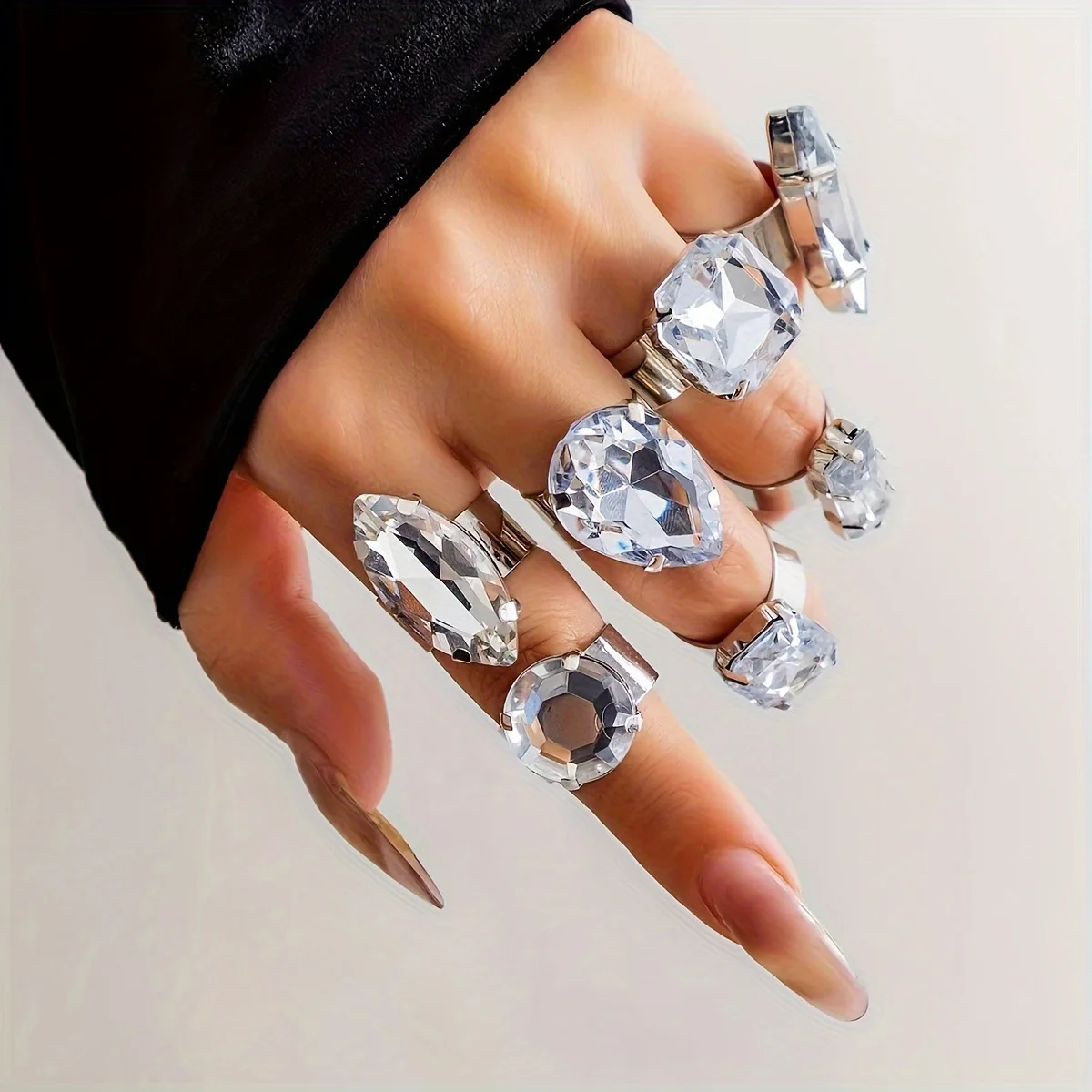 7PCS /Set Rhinestone Acrylic Large Round Square Stone Open Finger Rings Jewelry for Women Crystal Separate Adjustable Cuff Rings