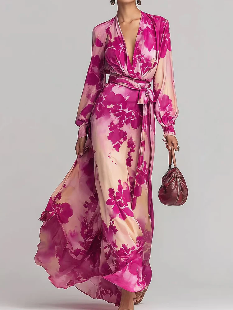 Frühling Sommer Langarm-Partykleid, Damen Bedrucktes Patchwork-Chic-Maxikleid, 2026 V-Ausschnitt Schnürkleid für Damen Vestidos