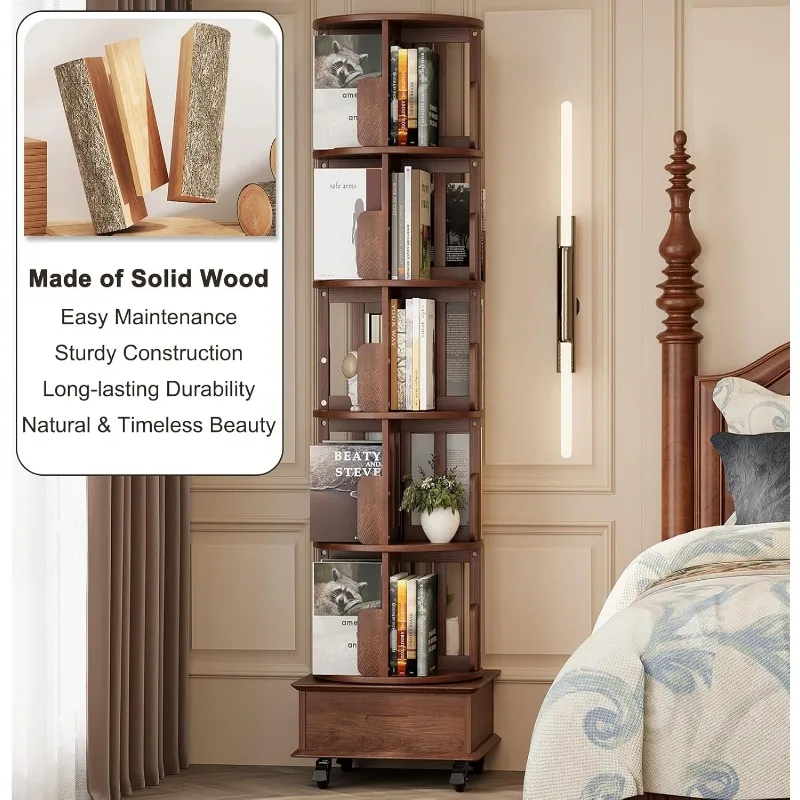 Solid Wood Rotating Bookshelf Tower, 5 Tier Spinning Bookcase with Drawer, 72