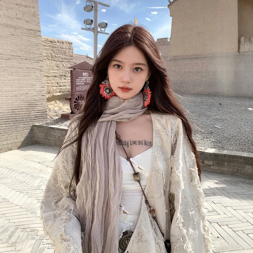 

Бежевый литературный шарф в стиле ретро, женский весенне-осенний дорожный платок, винтажная шелковая шаль в стиле Wasteland, модный тренд