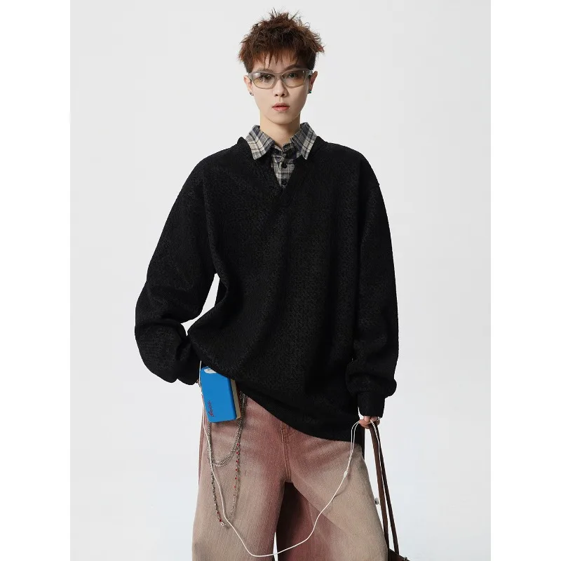 Mens Fake Two-piece Plaid Collar Gradient Long Sleeve Polo Shirt Casual Loose Vintage Sweatshirt Oversized Top Unisex Sweatshirt