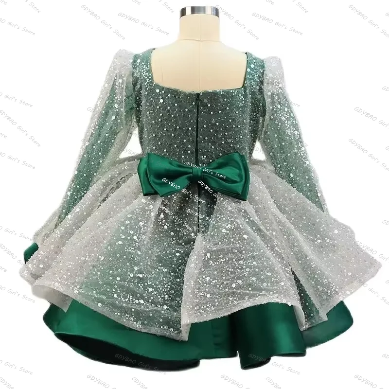 Customized Sequin Girls Party Gown Long Sleeve Princess Pageant Dress Sparking Kids Knee Length Ruffles Tulle Flower Girl Frock
