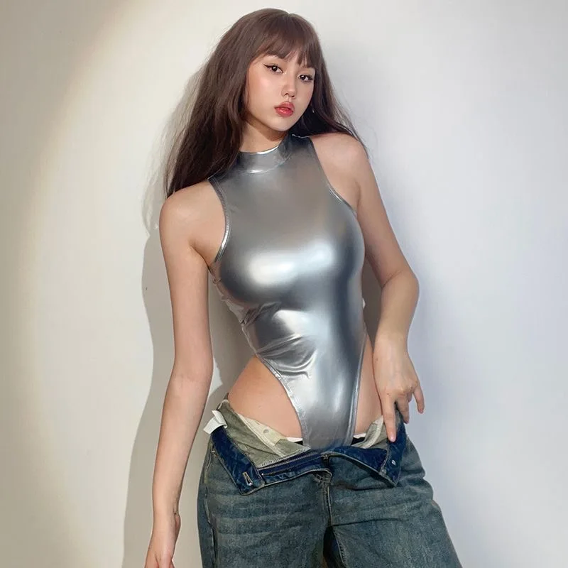 

Female Bright Surface Silver Nightclub Bodysuit Onesie Rompers Lady Festival Hotsweet Holiday Party Reflective Birthday Jumpsuit