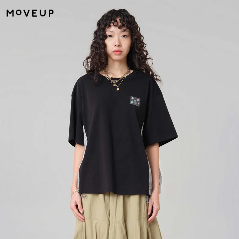 

MOVEUP Short Sleeves Round Neck T-shirt 2026 Summer New Cartoon Woven Label Splicing Contrasting Striped Loose Top 3ELX10596