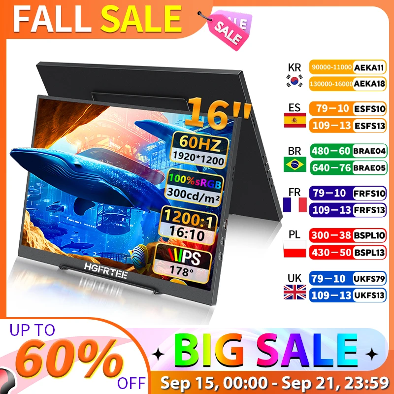 HGFRTEE Monitor portátil de 16 pulgadas 100% sRGB FHD 60HZ Monitor de ordenador portátil VESA Hole cuidado de los ojos segunda pantalla externa para PC teléfono MAC
